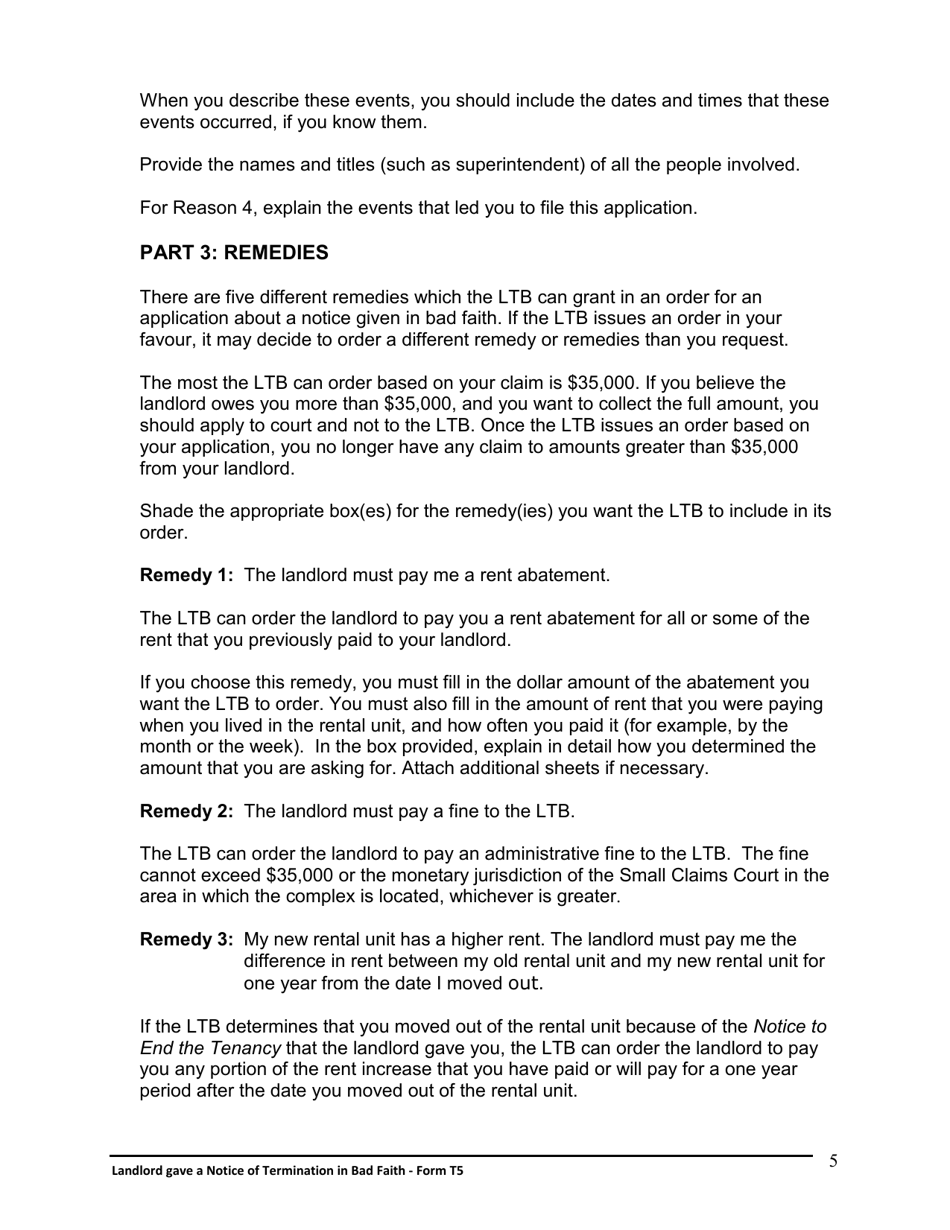 Instructions for Form T5 Landlord Gave a Notice of Termination in Bad Faith - Ontario, Canada, Page 6