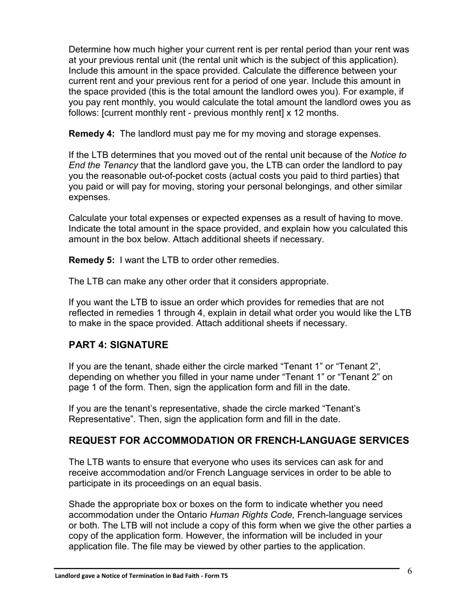 Instructions for Form T5 Landlord Gave a Notice of Termination in Bad Faith - Ontario, Canada, Page 7