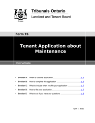 Instructions for Form T6 Tenant Application About Maintenance - Ontario, Canada
