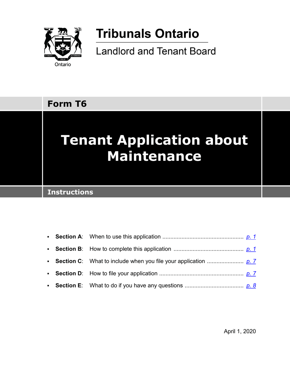 Instructions for Form T6 Tenant Application About Maintenance - Ontario, Canada, Page 1
