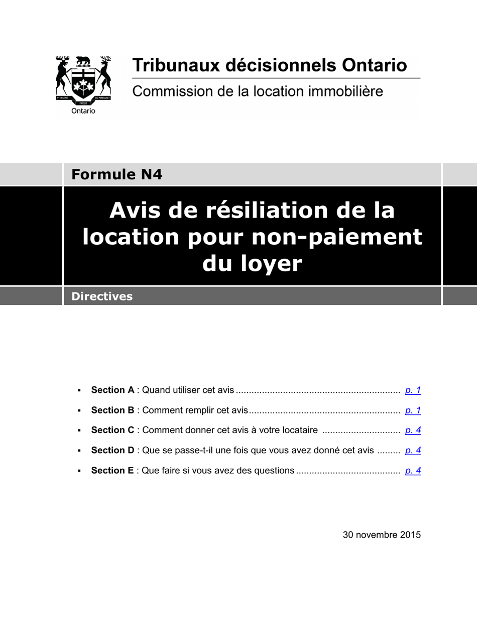 Instruction pour Forme N4 Avis De Resiliation De La Location Pour Non-paiement Du Loyer - Ontario, Canada (French), Page 1