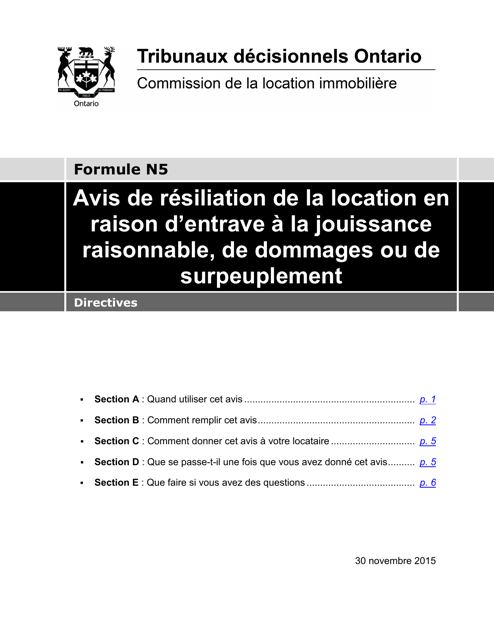 Instruction pour Forme N5 Avis De Resiliation De La Location En Raison D'entrave a La Jouissance Raisonnable, De Dommages Ou De Surpeuplement - Ontario, Canada (French)