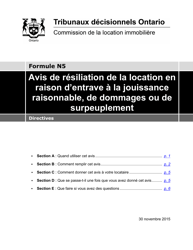 Instruction pour Forme N5 Avis De Resiliation De La Location En Raison D&#039;entrave a La Jouissance Raisonnable, De Dommages Ou De Surpeuplement - Ontario, Canada (French)
