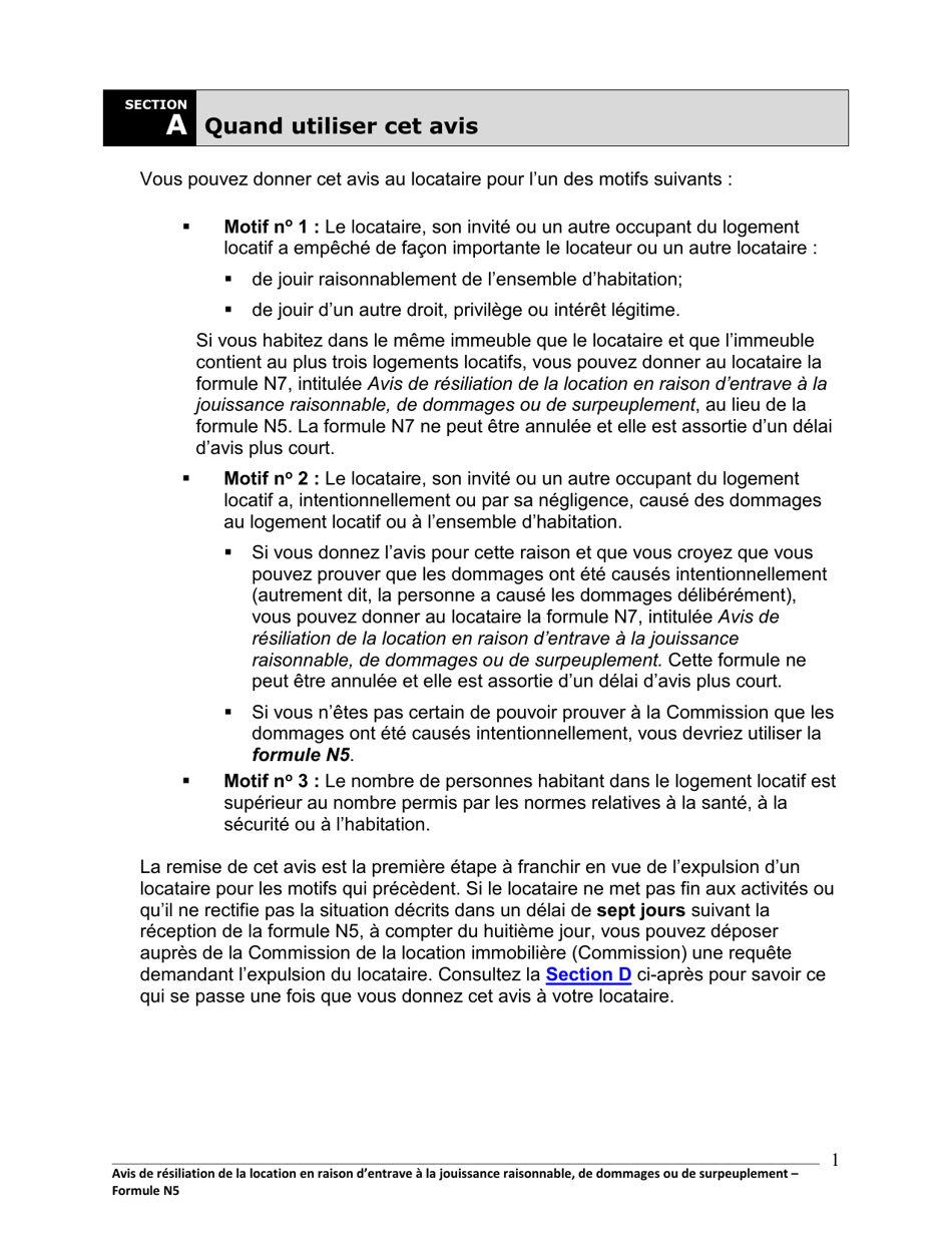 Instruction pour Forme N5 Avis De Resiliation De La Location En Raison Dentrave a La Jouissance Raisonnable, De Dommages Ou De Surpeuplement - Ontario, Canada (French), Page 2