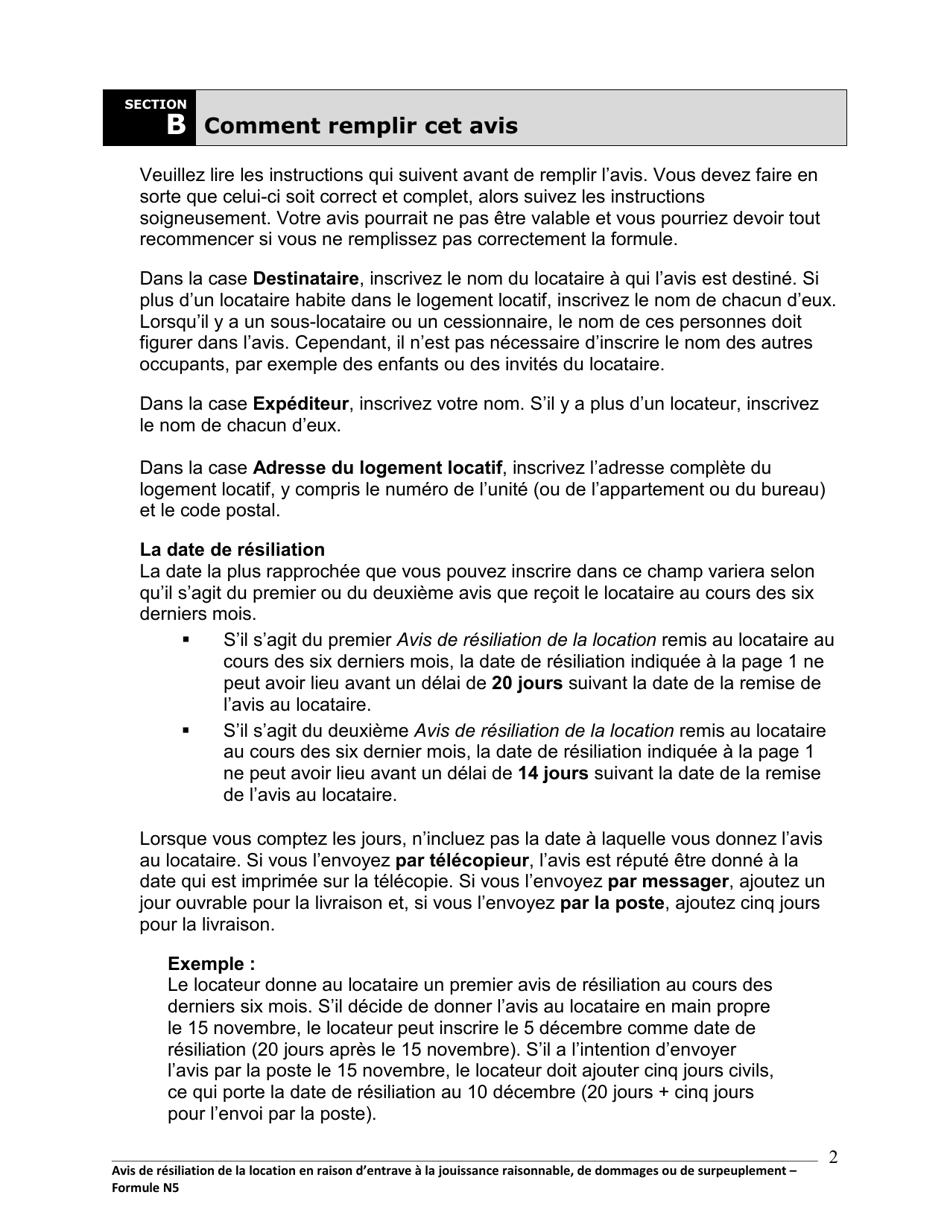 Instruction pour Forme N5 Avis De Resiliation De La Location En Raison Dentrave a La Jouissance Raisonnable, De Dommages Ou De Surpeuplement - Ontario, Canada (French), Page 3