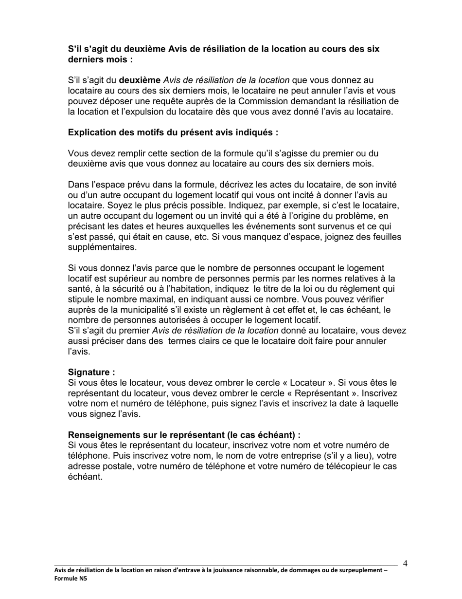 Instruction pour Forme N5 Avis De Resiliation De La Location En Raison Dentrave a La Jouissance Raisonnable, De Dommages Ou De Surpeuplement - Ontario, Canada (French), Page 5
