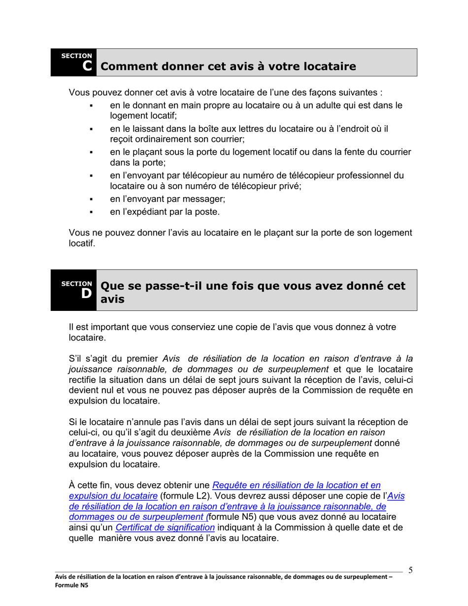 Instruction pour Forme N5 Avis De Resiliation De La Location En Raison Dentrave a La Jouissance Raisonnable, De Dommages Ou De Surpeuplement - Ontario, Canada (French), Page 6