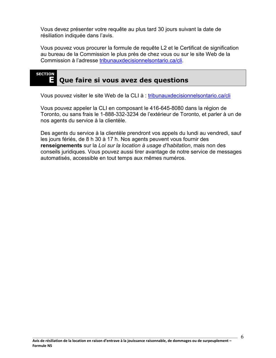 Instruction pour Forme N5 Avis De Resiliation De La Location En Raison Dentrave a La Jouissance Raisonnable, De Dommages Ou De Surpeuplement - Ontario, Canada (French), Page 7