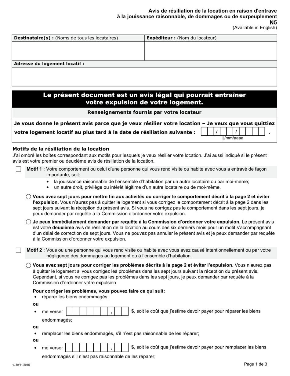 Forme N5 Avis De Resiliation De La Location En Raison Dentrave a La Jouissance Raisonnable, De Dommages Ou De Surpeuplement - Ontario, Canada (French), Page 1