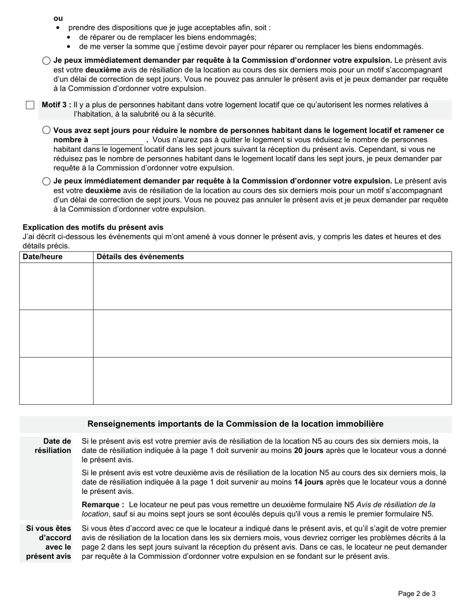 Forme N5 Avis De Resiliation De La Location En Raison Dentrave a La Jouissance Raisonnable, De Dommages Ou De Surpeuplement - Ontario, Canada (French), Page 2
