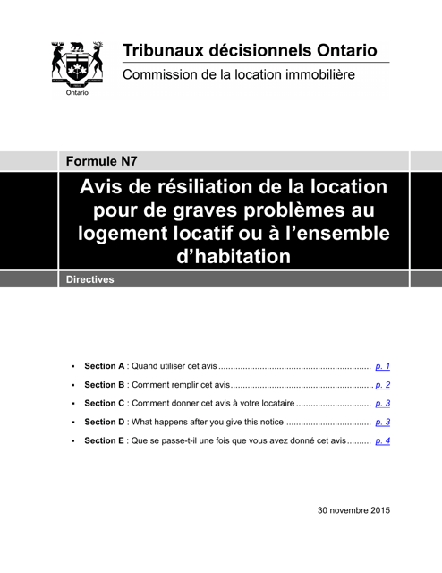Instruction pour Forme N7 Avis De Resiliation De La Location Pour De Graves Problemes Au Logement Locatif Ou a L'ensemble D'habitation - Ontario, Canada (French)
