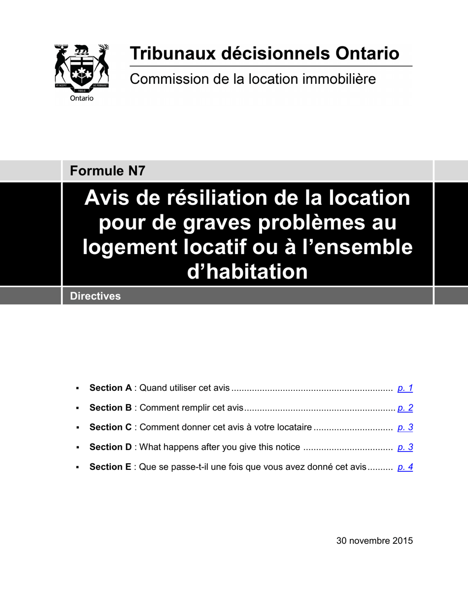 Instruction pour Forme N7 Avis De Resiliation De La Location Pour De Graves Problemes Au Logement Locatif Ou a Lensemble Dhabitation - Ontario, Canada (French), Page 1