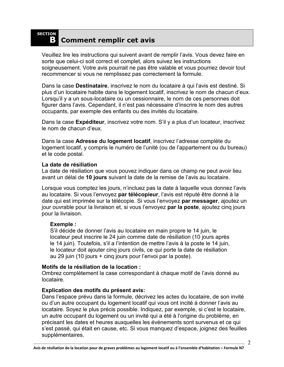 Instruction pour Forme N7 Avis De Resiliation De La Location Pour De Graves Problemes Au Logement Locatif Ou a Lensemble Dhabitation - Ontario, Canada (French), Page 3