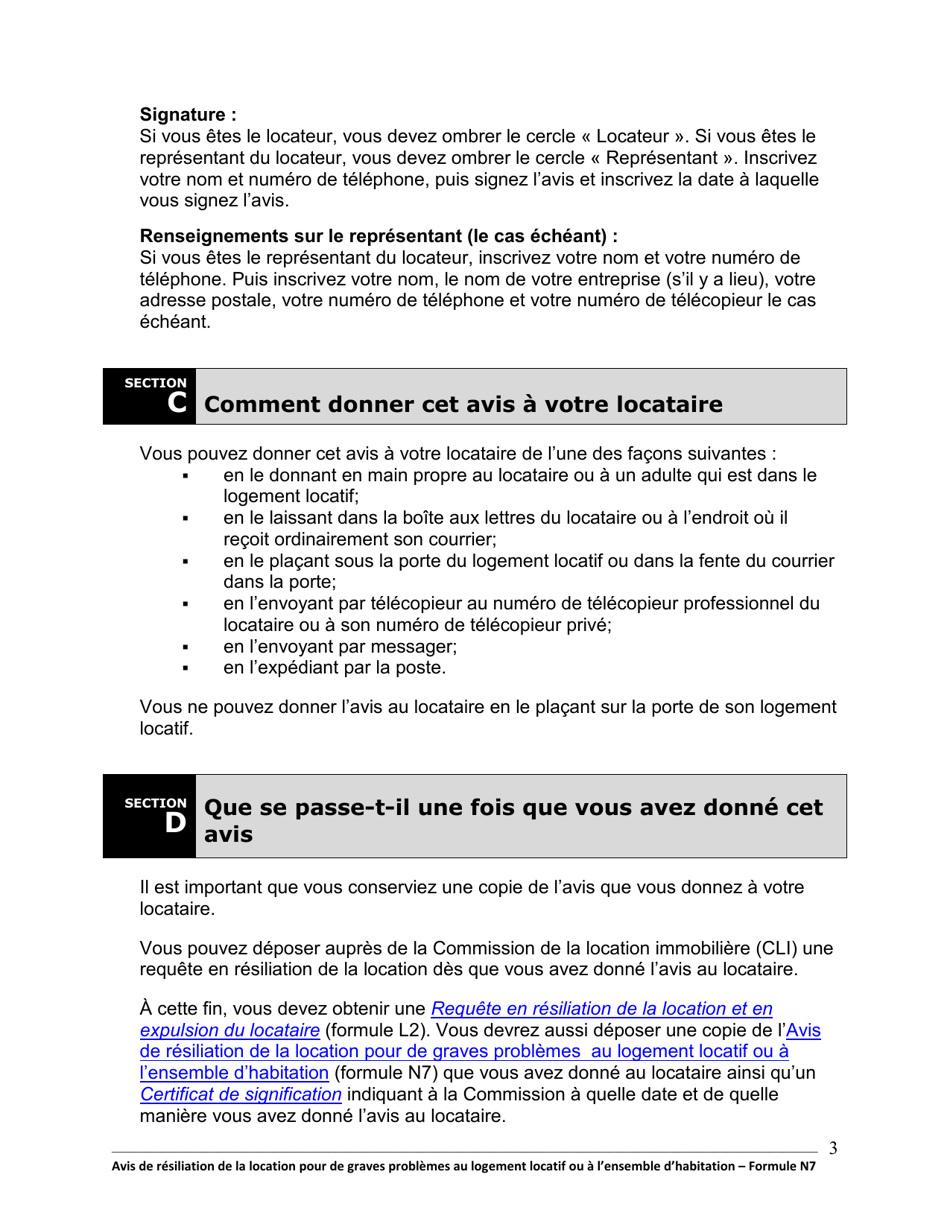 Instruction pour Forme N7 Avis De Resiliation De La Location Pour De Graves Problemes Au Logement Locatif Ou a Lensemble Dhabitation - Ontario, Canada (French), Page 4