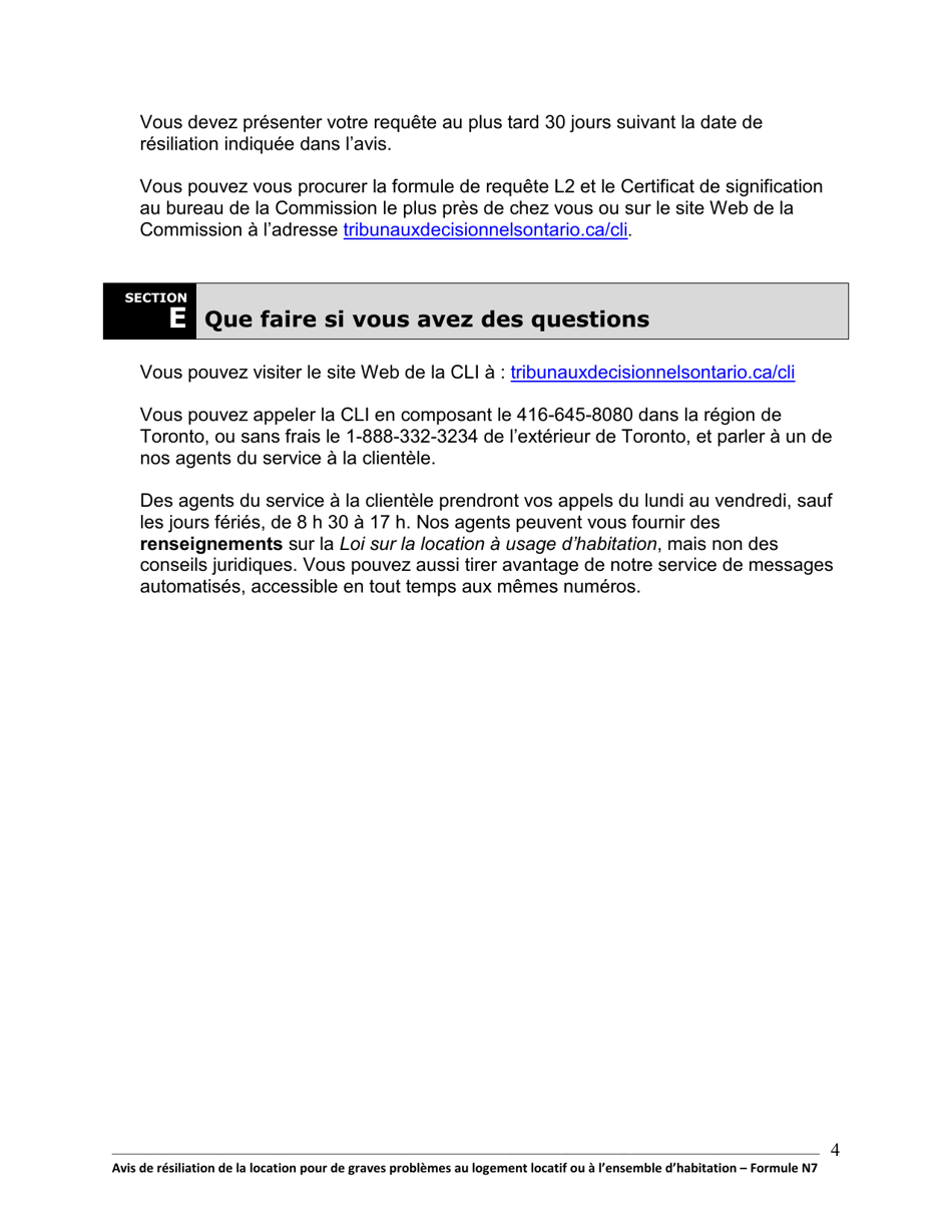 Instruction pour Forme N7 Avis De Resiliation De La Location Pour De Graves Problemes Au Logement Locatif Ou a Lensemble Dhabitation - Ontario, Canada (French), Page 5
