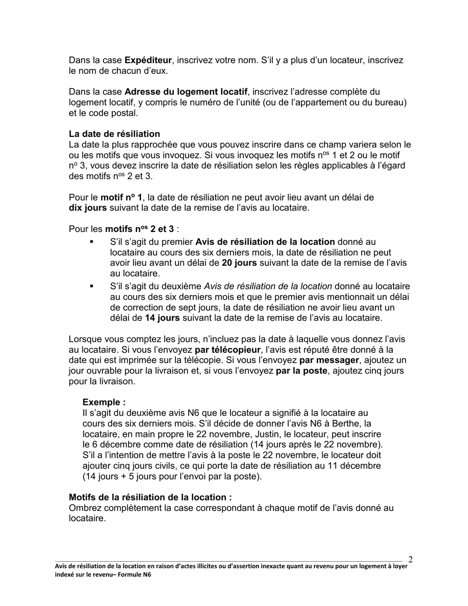 Instruction pour Forme N6 Avis De Resiliation De La Location En Raison Dactes Illicites Ou Dassertion Inexacte Quant Au Revenu Pour Un Logement a Loyer Indexe Sur Le Revenu - Ontario, Canada (French), Page 3