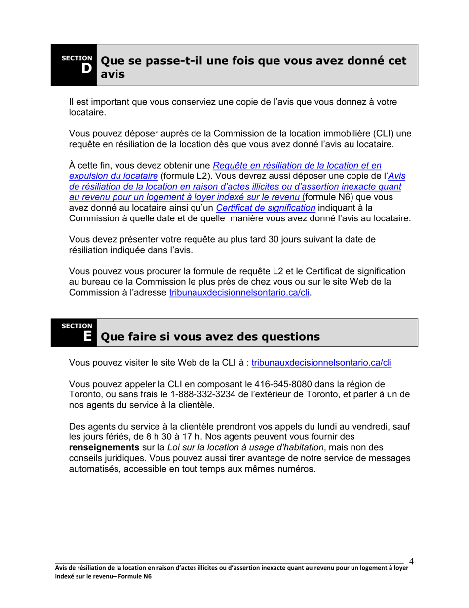 Instruction pour Forme N6 Avis De Resiliation De La Location En Raison Dactes Illicites Ou Dassertion Inexacte Quant Au Revenu Pour Un Logement a Loyer Indexe Sur Le Revenu - Ontario, Canada (French), Page 5