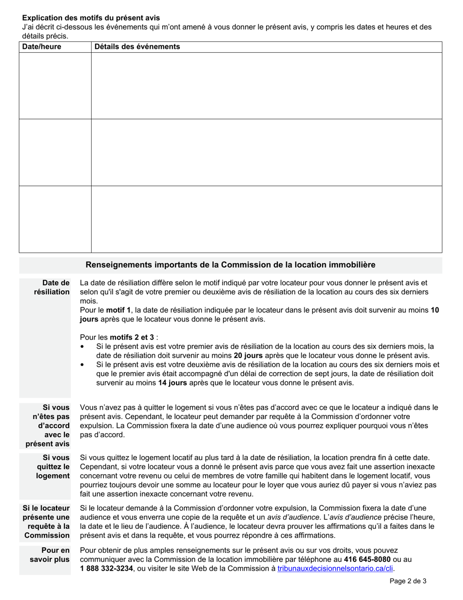 Forme N6 Avis De Resiliation De La Location En Raison Dactes Illicites Ou Dassertion Inexacte Quant Au Revenu Pour Un Logement a Loyer Indexe Sur Le Revenu - Ontario, Canada (French), Page 2