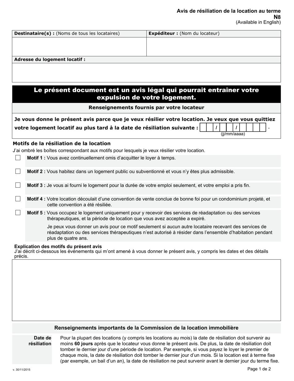 Forme N8 Avis De Resiliation De La Location Au Terme - Ontario, Canada (French), Page 1