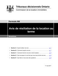 Document preview: Instruction pour Forme N8 Avis De Resiliation De La Location Au Terme - Ontario, Canada (French)