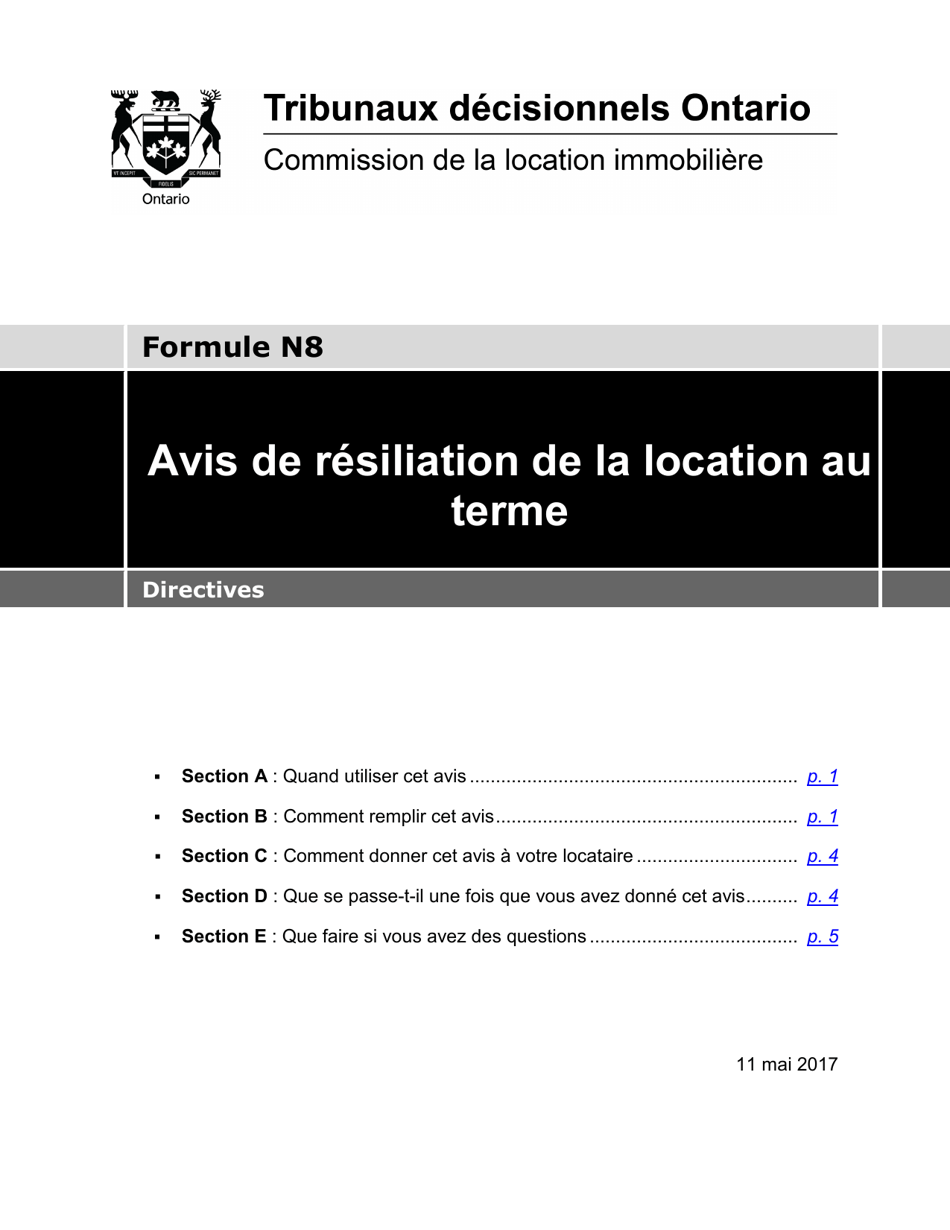 Instruction pour Forme N8 Avis De Resiliation De La Location Au Terme - Ontario, Canada (French), Page 1