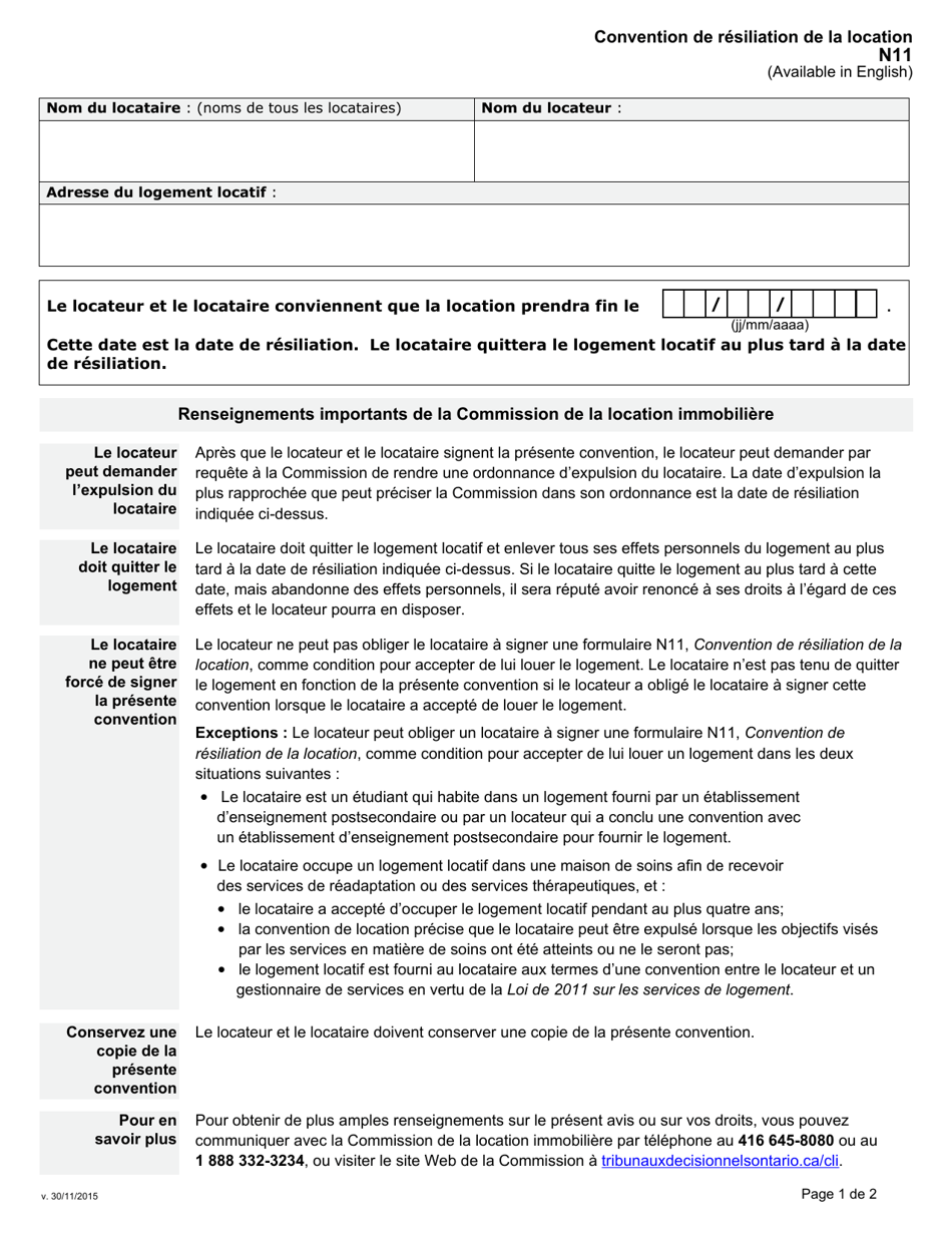 Forme N11 Convention De Resiliation De La Location - Ontario, Canada (French), Page 1