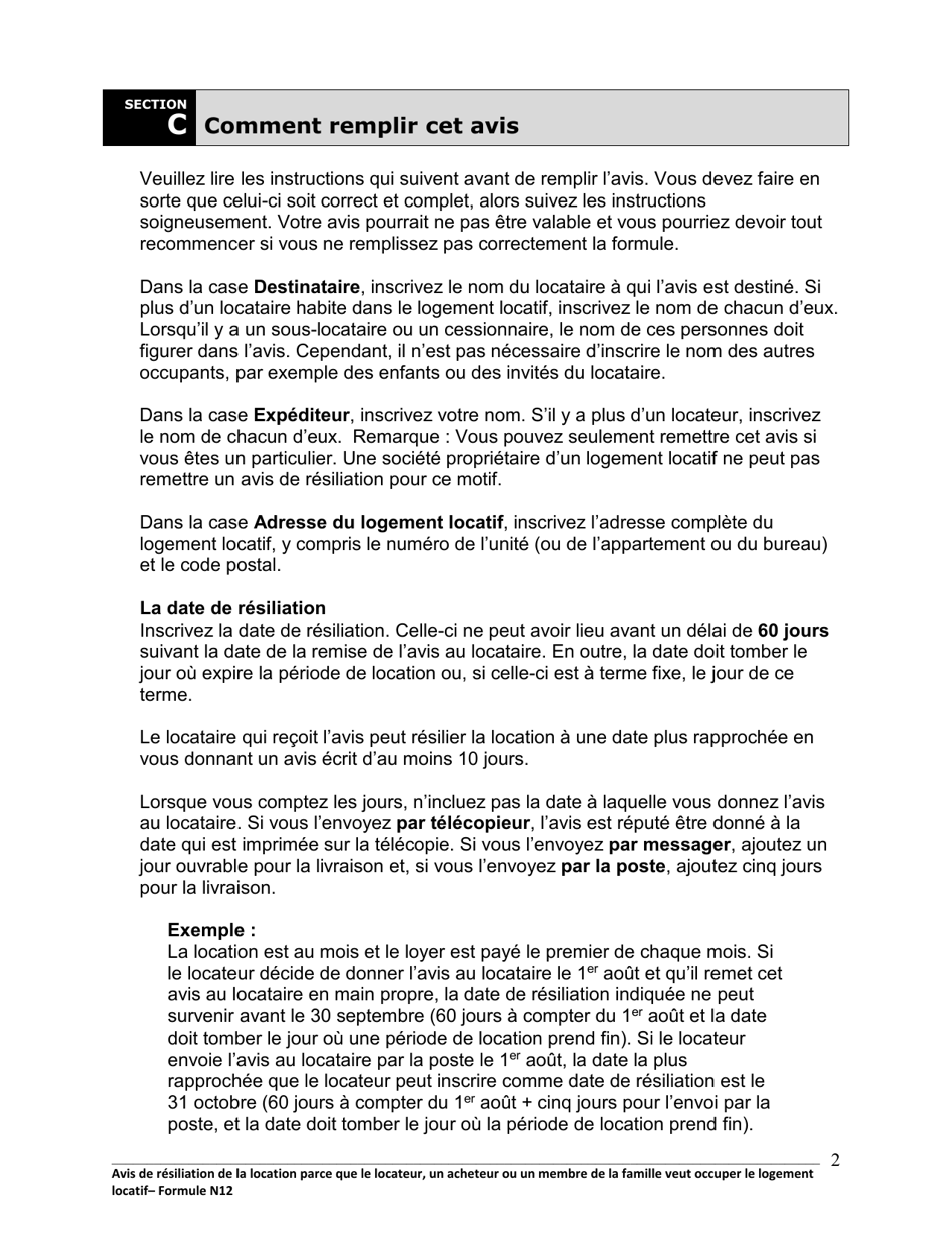 Instruction pour Forme N12 Avis De Resiliation De La Location Parce Que Le Locateur, Un Acheteur Ou Un Membre De La Famille Veut Occuper Le Logement Locatif - Ontario, Canada (French), Page 3