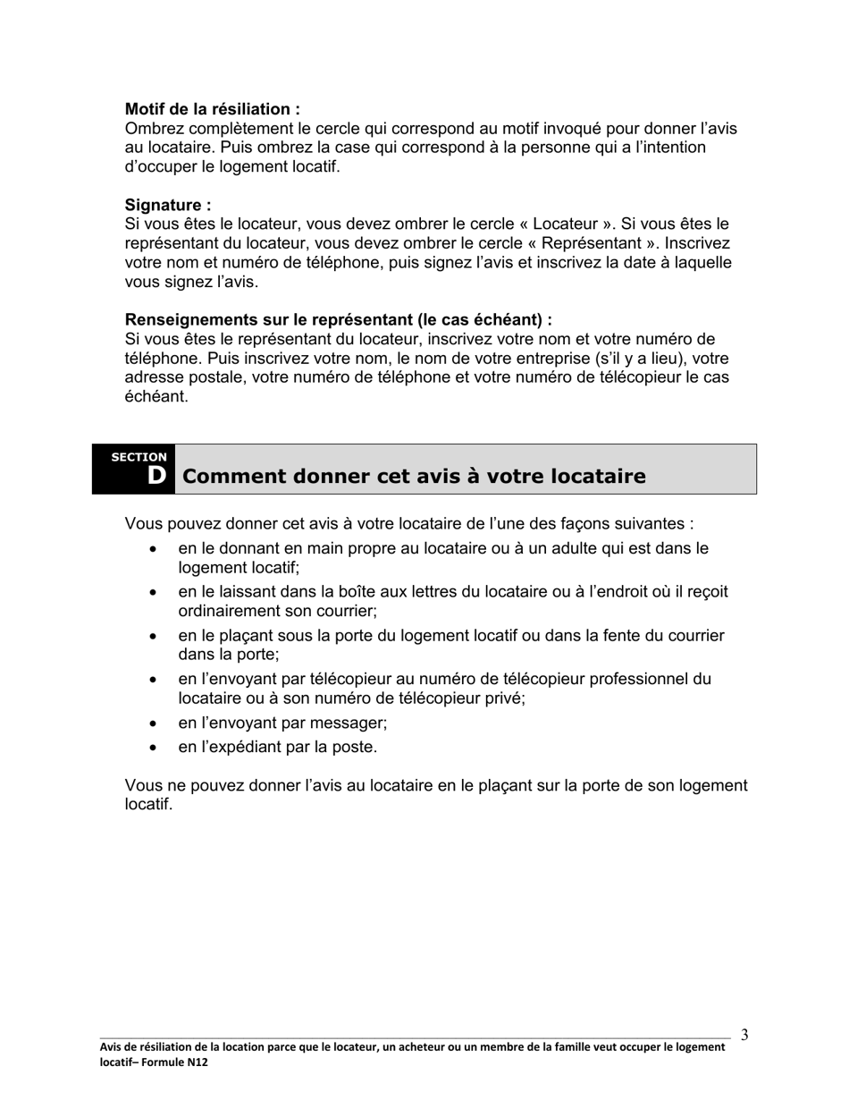 Instruction pour Forme N12 Avis De Resiliation De La Location Parce Que Le Locateur, Un Acheteur Ou Un Membre De La Famille Veut Occuper Le Logement Locatif - Ontario, Canada (French), Page 4