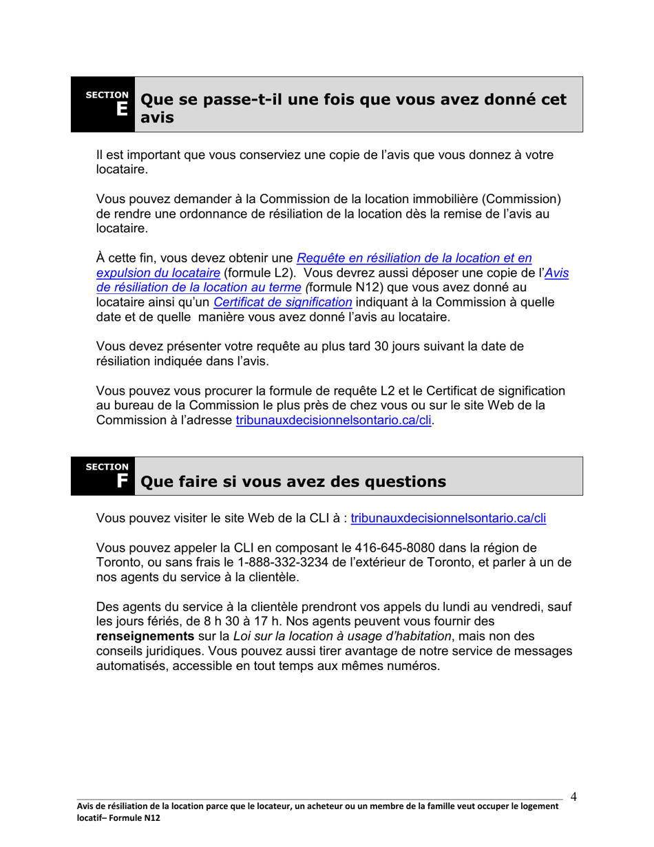 Instruction pour Forme N12 Avis De Resiliation De La Location Parce Que Le Locateur, Un Acheteur Ou Un Membre De La Famille Veut Occuper Le Logement Locatif - Ontario, Canada (French), Page 5