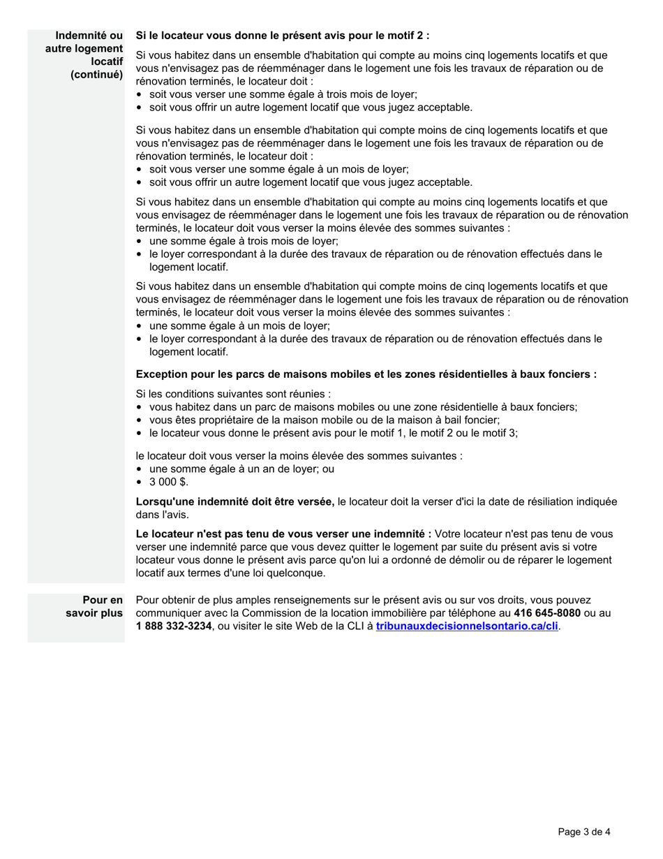 Forme N13 Avis De Resiliation De La Location Parce Que Le Locateur Veut Demolir Le Logement Locatif, Y Effectuer DES Reparations Ou Laffecter a Un Autre Usage - Ontario, Canada (French), Page 3