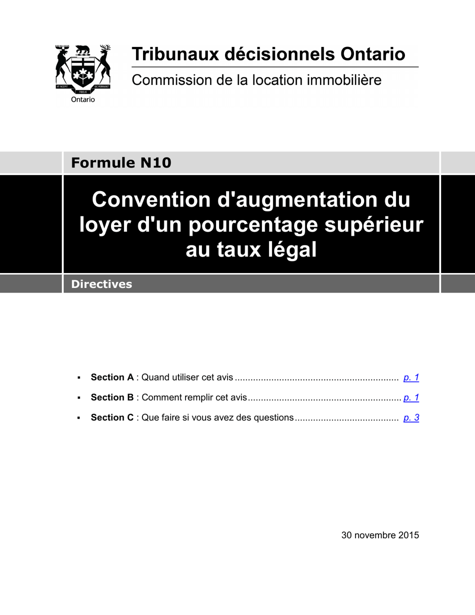 Instruction pour Forme N10 Convention Daugmentation Du Loyer Dun Pourcentage Superieur Au Taux Legal - Ontario, Canada (French), Page 1