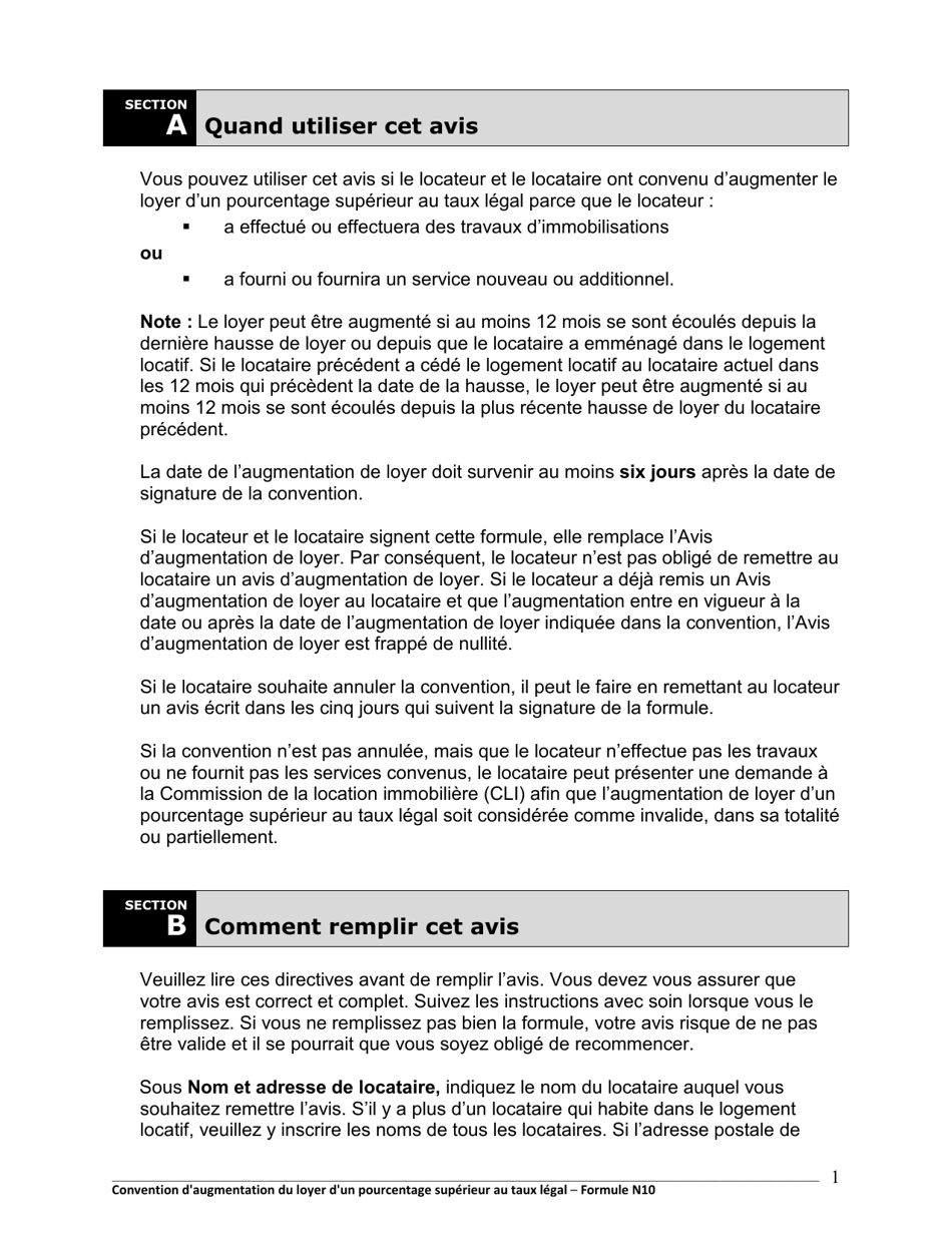 Instruction pour Forme N10 Convention Daugmentation Du Loyer Dun Pourcentage Superieur Au Taux Legal - Ontario, Canada (French), Page 2