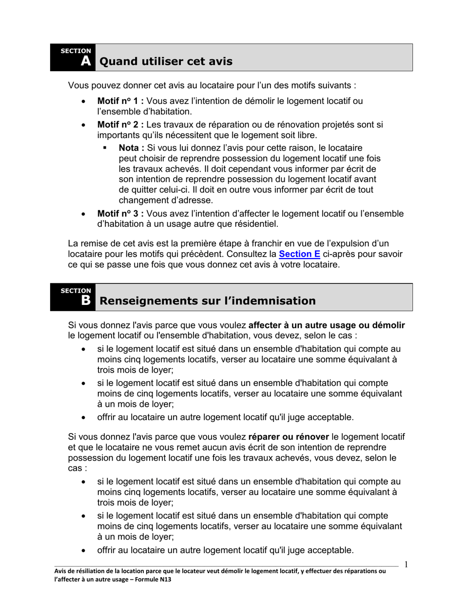 Instruction pour Forme N13 Avis De Resiliation De La Location Parce Que Le Locateur Veut Demolir Le Logement Locatif, Y Effectuer DES Reparations Ou Laffecter a Un Autre Usage - Ontario, Canada (French), Page 2