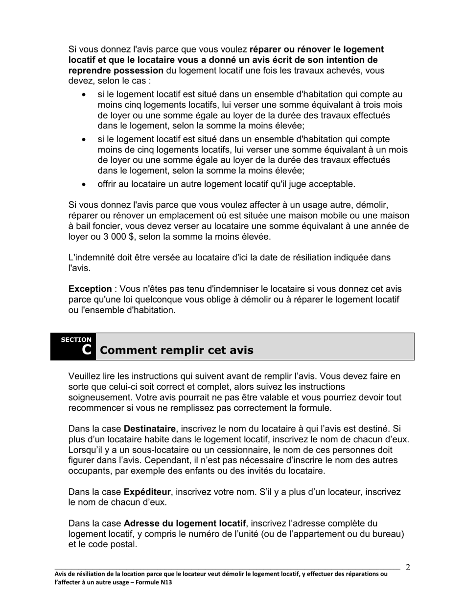 Instruction pour Forme N13 Avis De Resiliation De La Location Parce Que Le Locateur Veut Demolir Le Logement Locatif, Y Effectuer DES Reparations Ou Laffecter a Un Autre Usage - Ontario, Canada (French), Page 3
