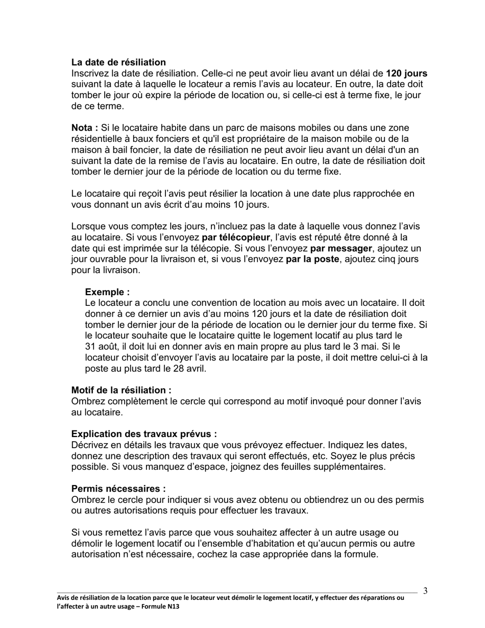 Instruction pour Forme N13 Avis De Resiliation De La Location Parce Que Le Locateur Veut Demolir Le Logement Locatif, Y Effectuer DES Reparations Ou Laffecter a Un Autre Usage - Ontario, Canada (French), Page 4