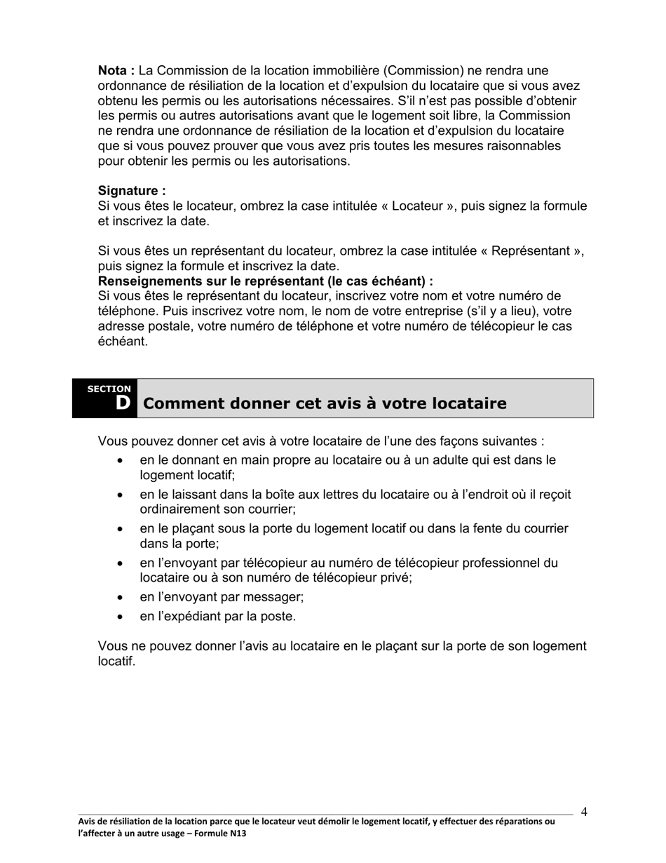 Instruction pour Forme N13 Avis De Resiliation De La Location Parce Que Le Locateur Veut Demolir Le Logement Locatif, Y Effectuer DES Reparations Ou Laffecter a Un Autre Usage - Ontario, Canada (French), Page 5