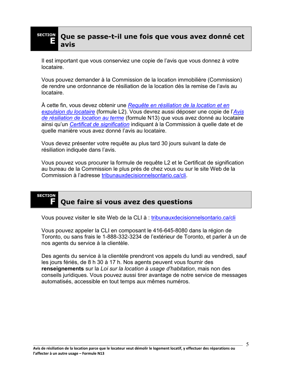Instruction pour Forme N13 Avis De Resiliation De La Location Parce Que Le Locateur Veut Demolir Le Logement Locatif, Y Effectuer DES Reparations Ou Laffecter a Un Autre Usage - Ontario, Canada (French), Page 6
