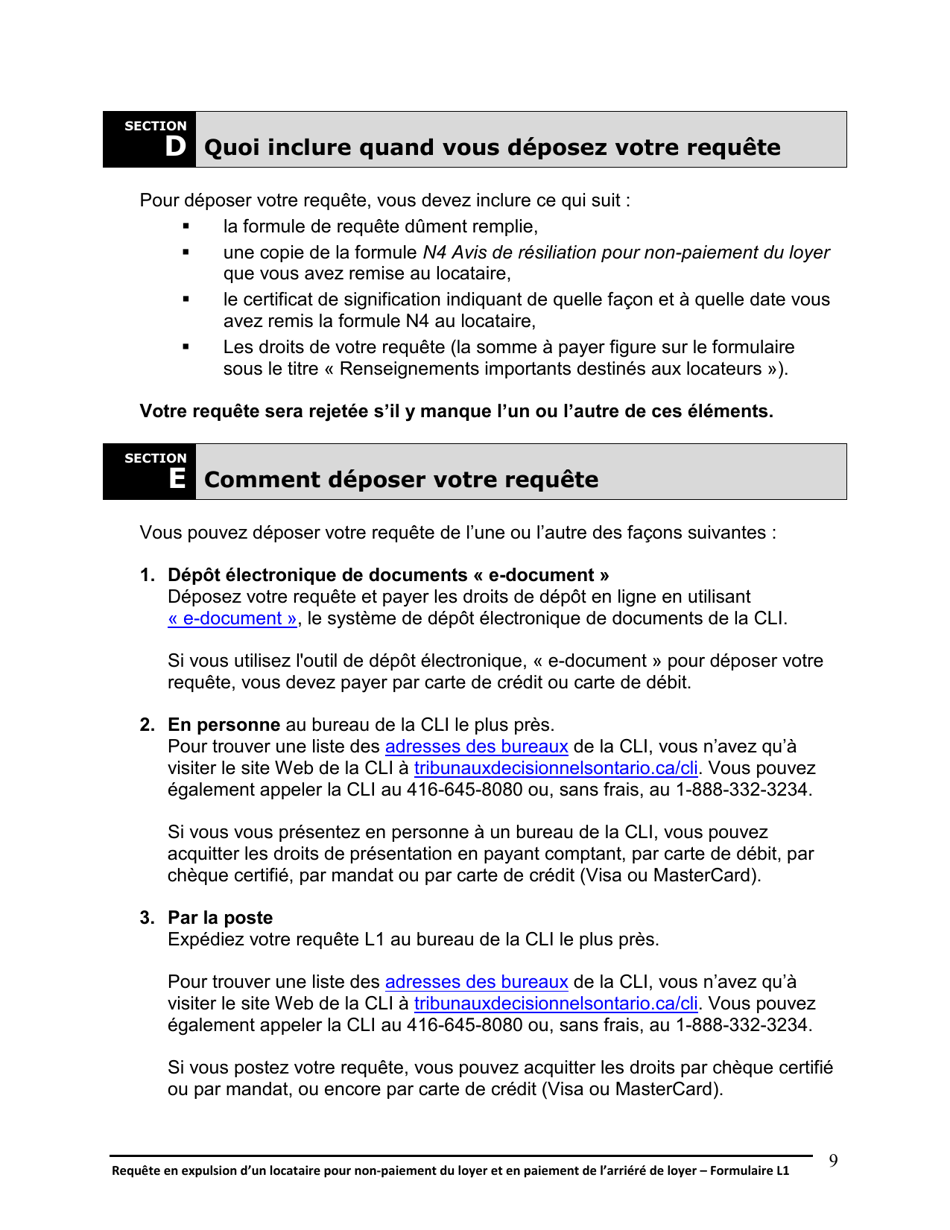 Instruction pour Forme L1 Requete En Expulsion Dun Locataire Pour Non-paiement Du Loyer Et En Paiement De Larriere De Loyer - Ontario, Canada (French), Page 10