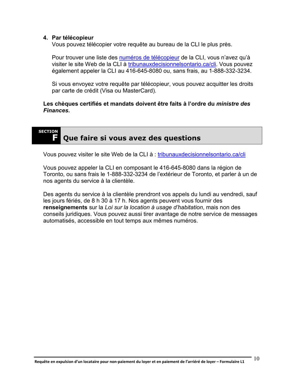 Instruction pour Forme L1 Requete En Expulsion Dun Locataire Pour Non-paiement Du Loyer Et En Paiement De Larriere De Loyer - Ontario, Canada (French), Page 11
