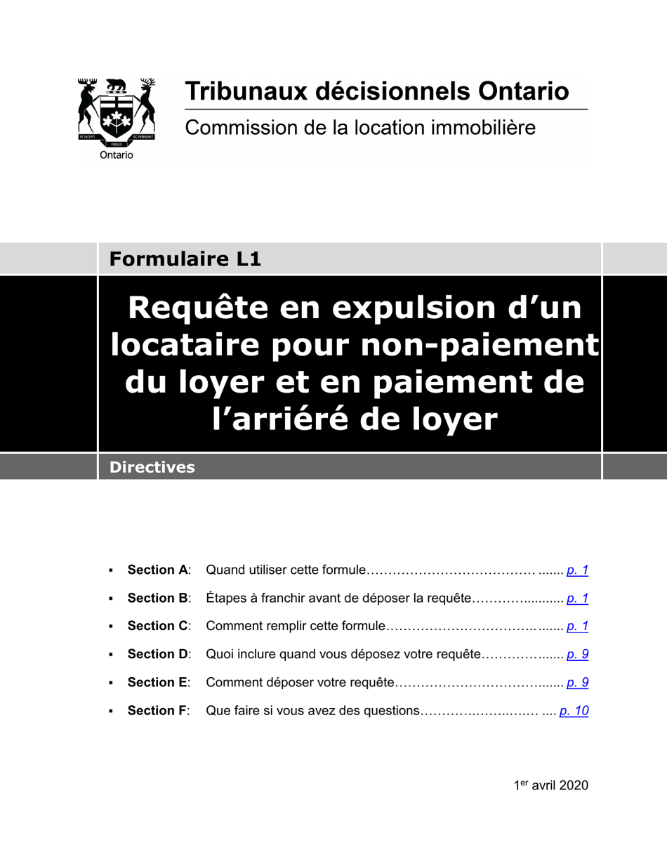 Instruction pour Forme L1 Requete En Expulsion Dun Locataire Pour Non-paiement Du Loyer Et En Paiement De Larriere De Loyer - Ontario, Canada (French), Page 1