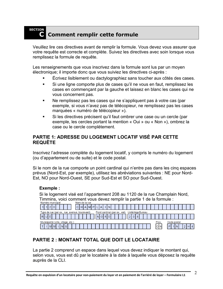 Instruction pour Forme L1 Requete En Expulsion Dun Locataire Pour Non-paiement Du Loyer Et En Paiement De Larriere De Loyer - Ontario, Canada (French), Page 3