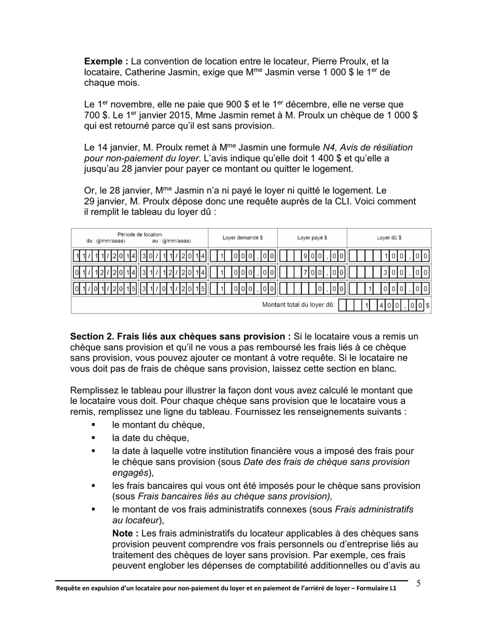 Instruction pour Forme L1 Requete En Expulsion Dun Locataire Pour Non-paiement Du Loyer Et En Paiement De Larriere De Loyer - Ontario, Canada (French), Page 6