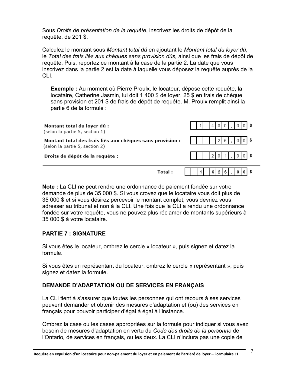 Instruction pour Forme L1 Requete En Expulsion Dun Locataire Pour Non-paiement Du Loyer Et En Paiement De Larriere De Loyer - Ontario, Canada (French), Page 8