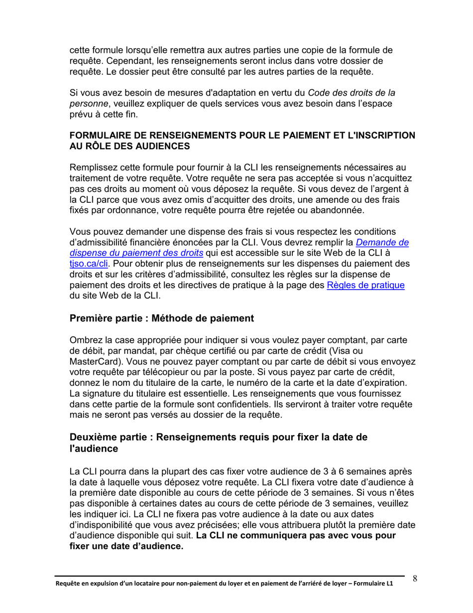 Instruction pour Forme L1 Requete En Expulsion Dun Locataire Pour Non-paiement Du Loyer Et En Paiement De Larriere De Loyer - Ontario, Canada (French), Page 9