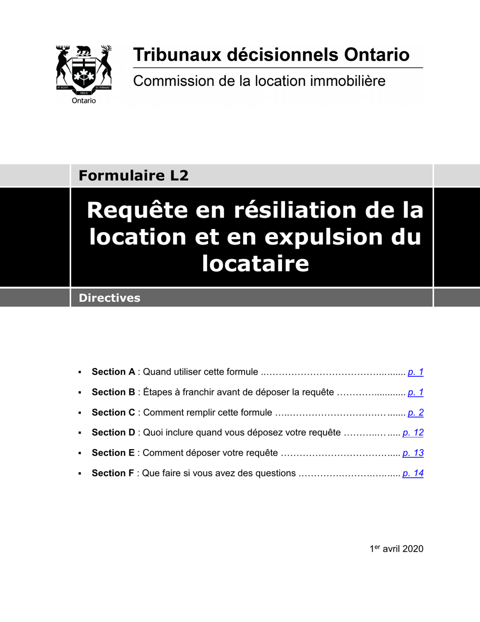 Instruction pour Forme L2 Requete En Resiliation De La Location Et En Expulsion Du Locataire - Ontario, Canada (French), Page 1