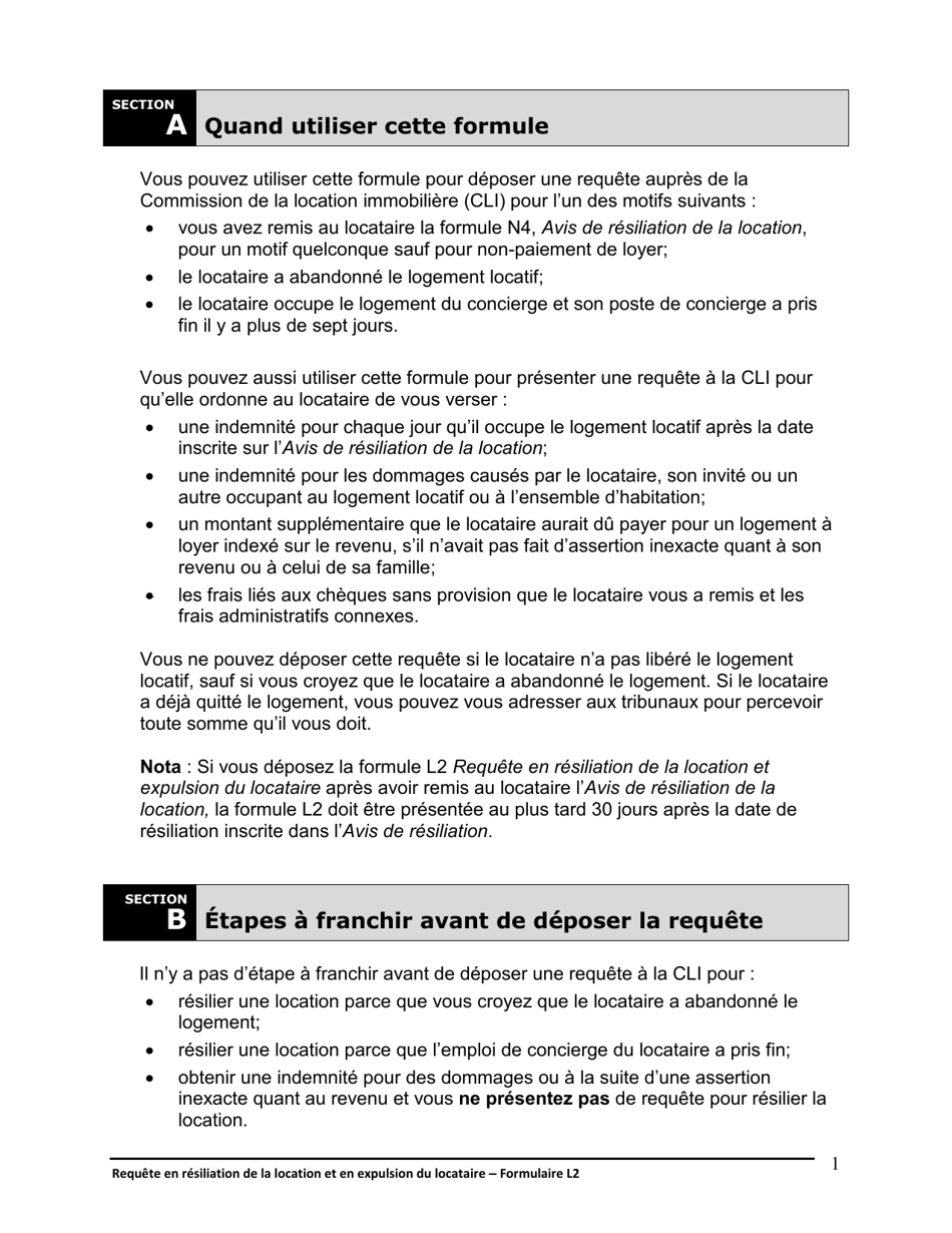 Instruction pour Forme L2 Requete En Resiliation De La Location Et En Expulsion Du Locataire - Ontario, Canada (French), Page 2