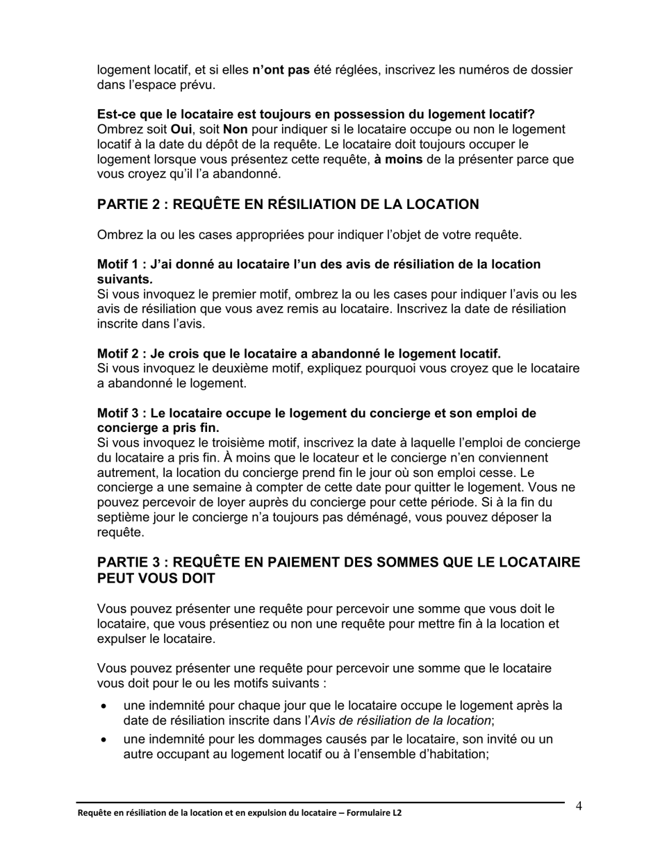Instruction pour Forme L2 Requete En Resiliation De La Location Et En Expulsion Du Locataire - Ontario, Canada (French), Page 5