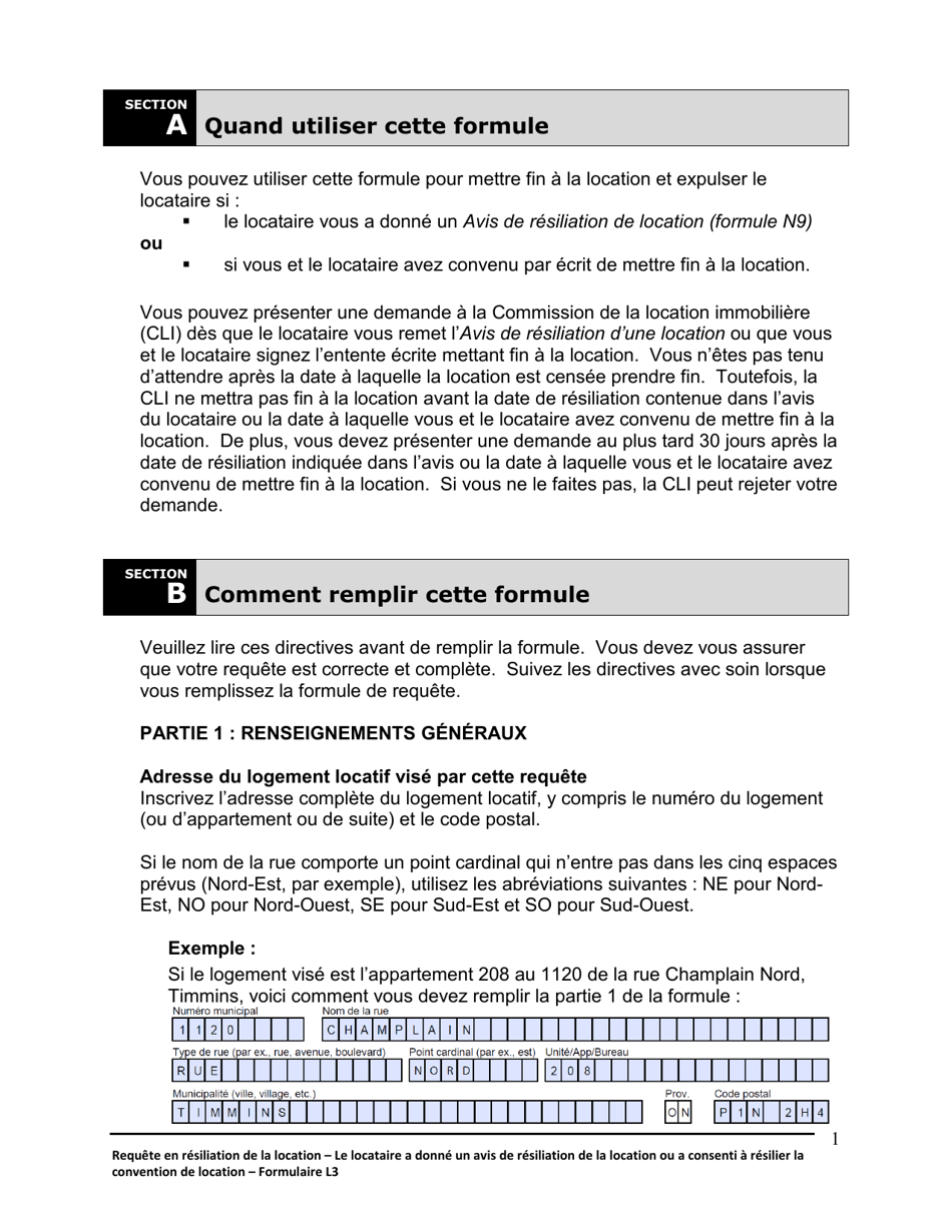 Instruction pour Forme L3 Requete En Resiliation De La Location Et En Expulsion Du Locataire - Le Locataire a Donne Un Avis De Resiliation Ou a Consenti a Resilier La Location - Ontario, Canada (French), Page 2