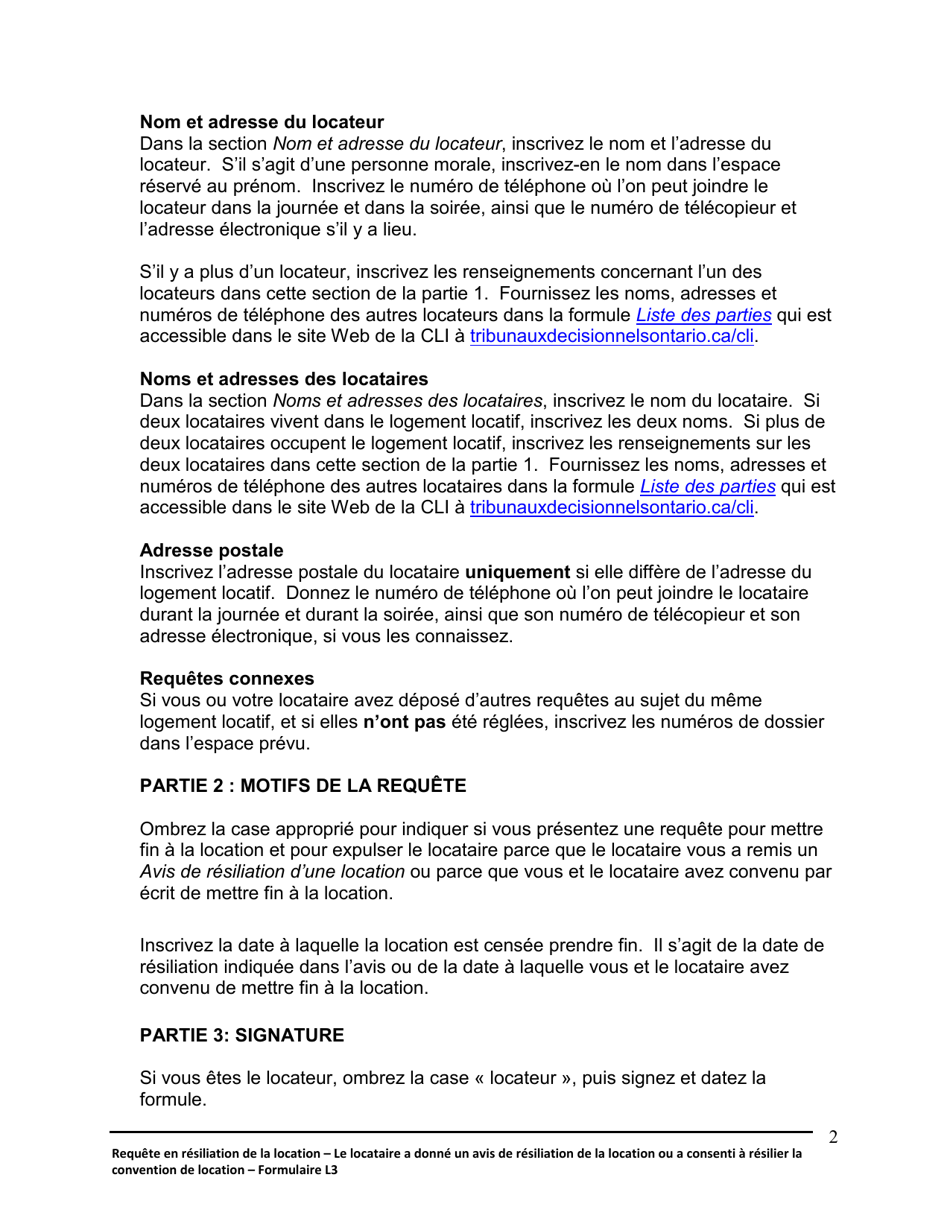 Instruction pour Forme L3 Requete En Resiliation De La Location Et En Expulsion Du Locataire - Le Locataire a Donne Un Avis De Resiliation Ou a Consenti a Resilier La Location - Ontario, Canada (French), Page 3