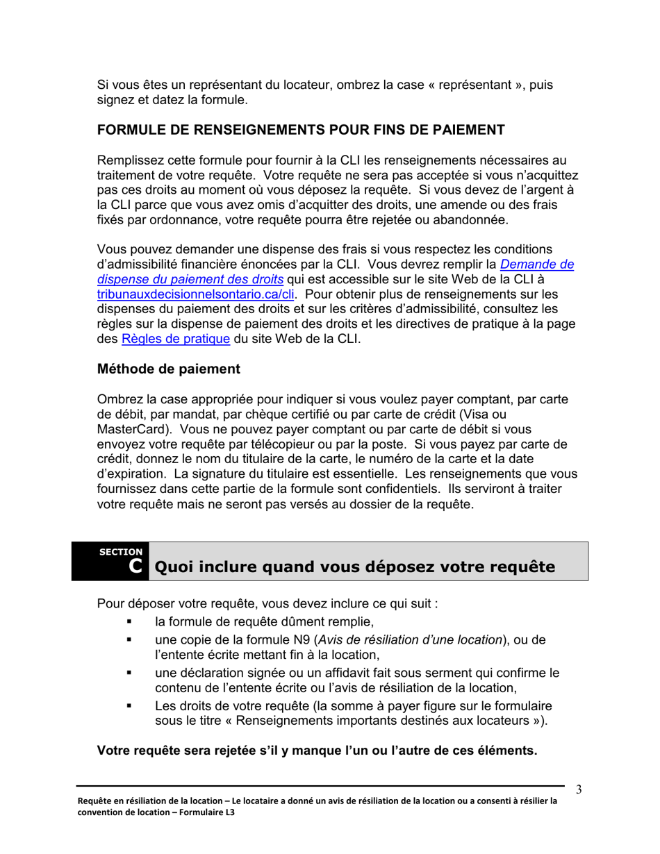 Instruction pour Forme L3 Requete En Resiliation De La Location Et En Expulsion Du Locataire - Le Locataire a Donne Un Avis De Resiliation Ou a Consenti a Resilier La Location - Ontario, Canada (French), Page 4